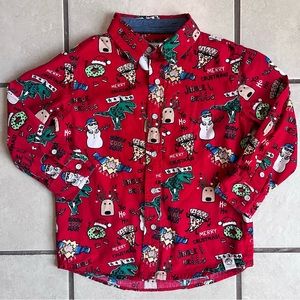 Free Planet sz 4 Red Christmas Print Button Down Cotton Holiday Shirt